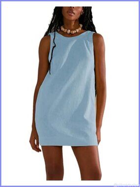 Womens Summer Sleeveless Open Back Mini Dress Cotton Linen Casual